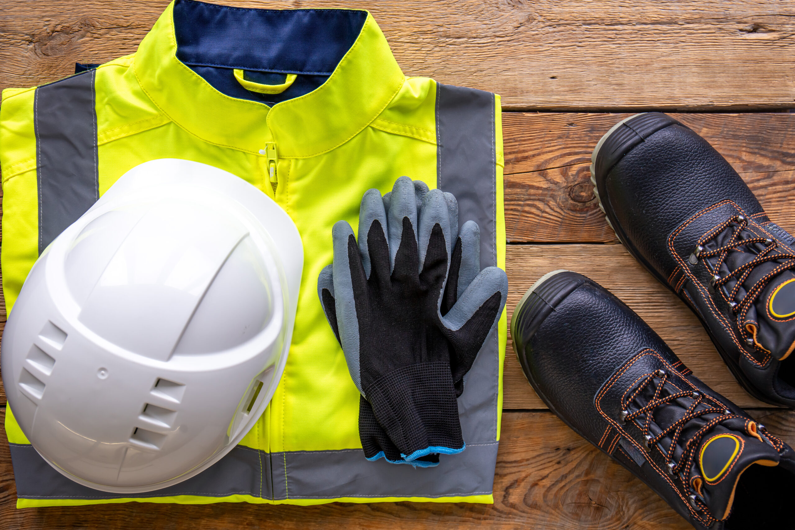 Builder uniform on wooden background, flat lay
